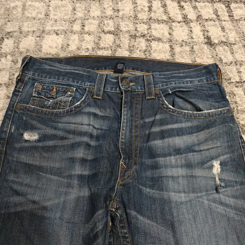 True Religion Ricky Relaxed Straight Jeans Men's 38 Flap Pocket Distressed Blue
